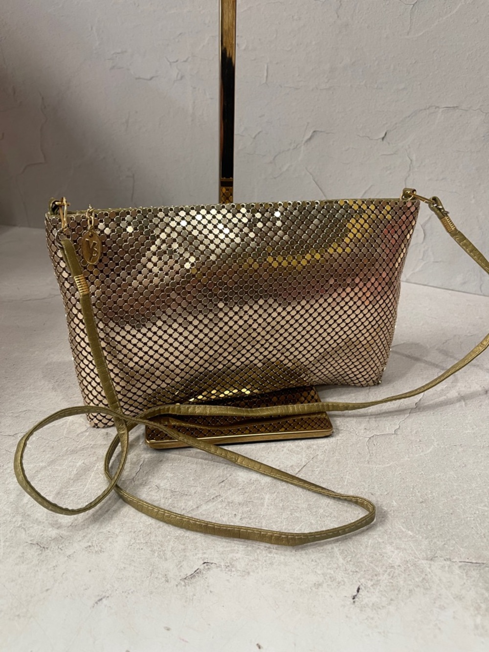 Gold Metallic Mesh Crossbody Bag with Removable Strap